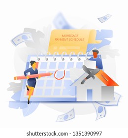 Weekly home mortgage payment vector metaphor with multicultural couple around desk calendar, house-moneybox and mortgage agreement. Flat with gradients style.