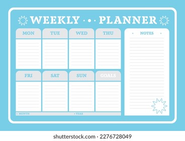 Weekly horizontal blue planner with white places for days, notes and goals