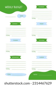 Weekly income and expense planner in shades of green