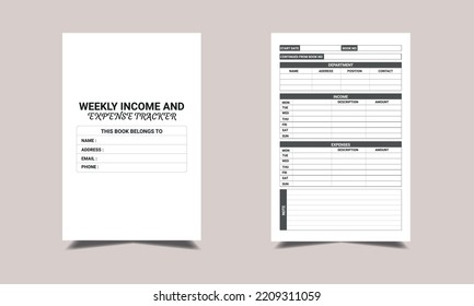 weekly income and expense tracker KDP Interior design. Printable logbook