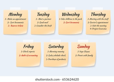 Weekly job plan on sticky notes, ugent work event paper memo vector set. Week reminder planner, remember agenda on stationery yellow sticky notes illustration
