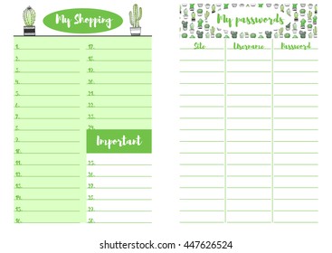 Weekly journal with succulent cactus. Write down your plans for the week. Write down important dates. Eps 10