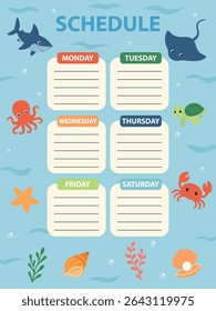 Weekly kids schedule with cute sea animals. Ocean timetable template. Underwater themed planner for children