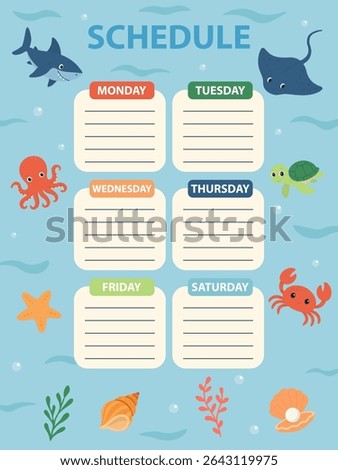 Weekly kids schedule with cute sea animals. Ocean timetable template. Underwater themed planner for children