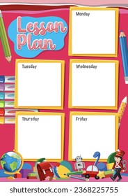 Weekly lesson plan template schedule with a background of children's toys and learning tools