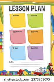 Weekly lesson plan template schedule with a background of children's toys and learning tools