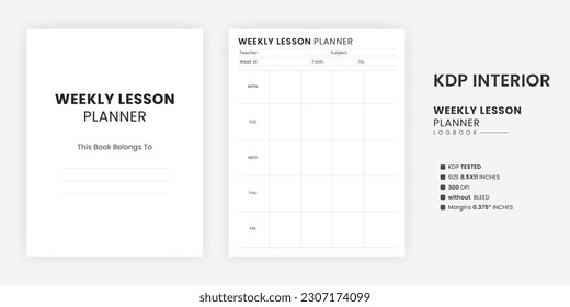 Wöchentliche Lektion Planer Log Book Printable KDP Interiors Template. A gehört zur Seite US-Briefgröße auf weißem Hintergrund Lesson Planer Seite mit Kindle Direct Publishing Interior Template.