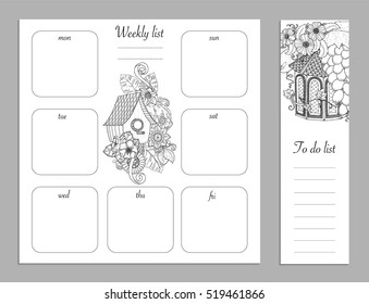 Weekly list design for notepad isolated on white background with place for text in top view. Sketchbook, diary mockup. Vector illustration. Coloring page for adults and kids.