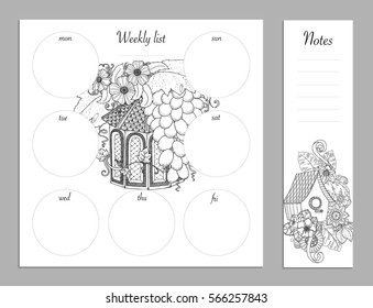 Weekly list design for notepad isolated on white background with place for text in top view. Sketchbook, diary mockup. Vector illustration. Coloring page for adults and kids.