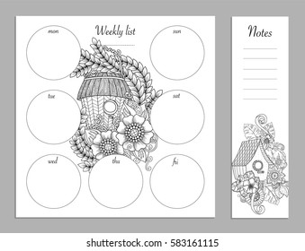 Weekly list design for notepad isolated on white background with place for text in top view. Sketchbook, diary mockup. Vector illustration. Coloring page for adults and kids.