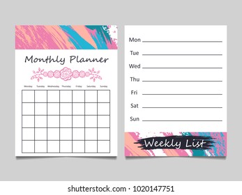 Weekly list and monthly planner template card design. Vector illustration