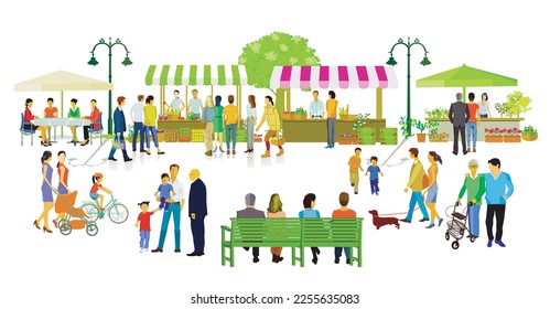 Weekly market in the residential district and life in the city, illustration,