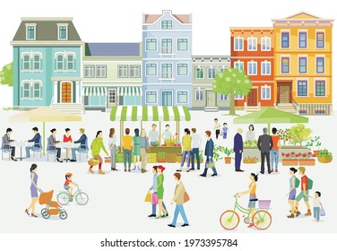 Weekly market in a shopping street, city life, illustration,