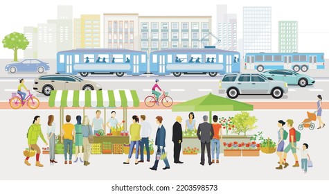 Weekly market in a shopping street, city life, illustration,