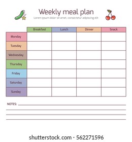 Weekly meal plan, mealtime vector diary. Meals schedule, week food template vector illustration