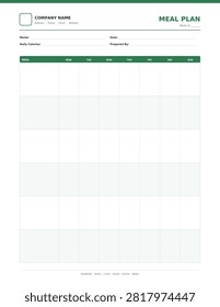 Weekly meal plan template, professional printable template with editable text, clean minimalist layout for office and record keeping, isolated vector illustration on white background