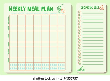 Weekly meal plan. Meal Plan for a week, calendar page, shopping list, water intake scheme. Diet plan page. Horizontal blank form. Vector illustration