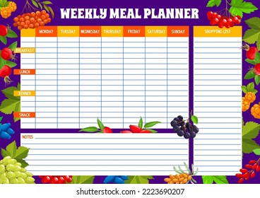 Planificador semanal de comidas con bayas. Calendario semanal de cocción, planificador diario de comidas o horario, lista de control organizador con uva madura, cadera rosa y frambuesa, anciana, grosella negra y rowan, guelder