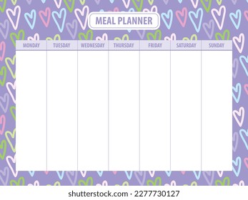 Plantilla en blanco para planeamiento de comidas semanales con fondo de corazón colorido