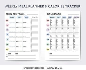 Weekly meal planner and calories tracker, digital planner with shopping list