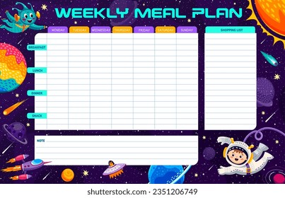 Weekly meal planner. Cartoon astronaut and alien in outer space. Week cooking diary page, meal vector calendar with boy astronaut and alien funny personages flying in outerspace, galaxy planets