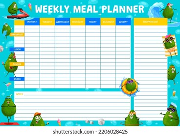 Weekly Meal Planner With Cartoon Avocado Characters On Summer Vacation. Vector Food Plan For Week. Calendar Menu For Breakfast, Lunch, Dinner And Snack With Shopping List And Funny Avocado On Vacation