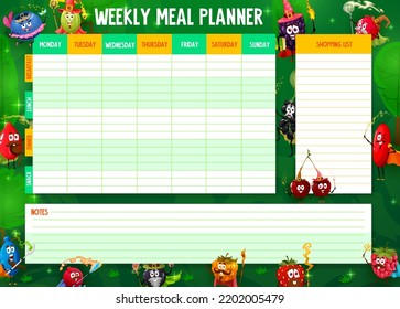 Weekly meal planner. Cartoon berry wizards, warlocks and witches. Healthy eating calendar, meals week schedule with blueberry, gooseberry and rosehip, honeyberry, blackcurrant, strawberry characters