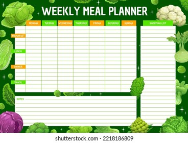 Weekly Meal Planner. Cartoon Cabbage Vegetables. Cooking Daily Schedule, Diet Organizer Checklist Or Timetable With Brussels Sprout, Broccoli And Romanesco, Bok Choy, Kale, Radicchio And Cauliflower