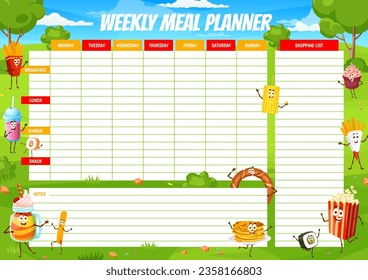 Planificador semanal de comidas, dibujos animados personajes de comida rápida y postres, plan de comida vectorial. Papas fritas y tortitas divertidas con palomitas de comida rápida y galletas de churro en el plan de dieta y horario de comidas por semana