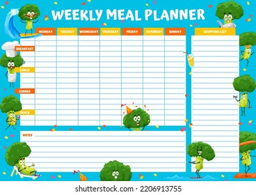 Weekly Meal Planner With Cartoon Funny Broccoli Characters. Healthy Food Week Timetable, Meal Cooking Weekly Journal Or Diet Schedule With Water Skiing, Sunbathing, Doing Fitness Broccoli Personage