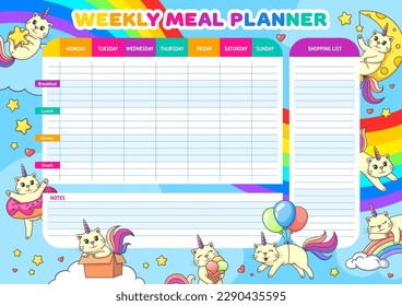 Weekly meal planner. Cartoon funny caticorn cats on rainbow. Vector food plan for week. Calendar menu for breakfast, lunch, dinner and snack with shopping list for grocery purchases, diary template