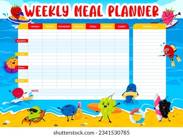 Weekly meal planner. Cartoon funny berry characters on summer beach. Diet menu week planner, cooking kitchen vector timetable with strawberry, raspberry, rosehip and blueberry, gooseberry, honeyberry