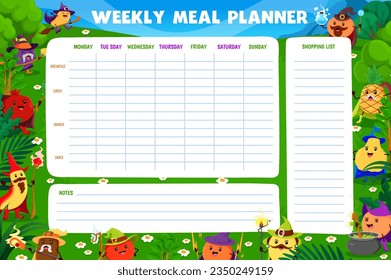 Weekly meal planner. Cartoon Halloween fruit wizards and mages. Diet menu weekly journal, food daily vector timetable with mango, plum, orange, pineapple and guava, lemon sorcerer cute personages