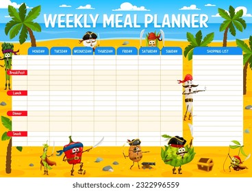 Weekly meal planner. Cartoon vegetable pirates and corsairs characters. Diet daily organizer, healthy nutrition vector week planner with asparagus, mushroom and potato, radish, olive funny personages