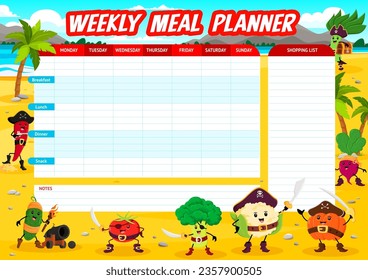 Planificador semanal de comidas con caricatura de piratas vegetales o personajes corsarios, plan de dieta vectorial. Espinacas con cofre del tesoro y capitán de pirata de pimienta en horario semanal de alimentación o organizador de comidas