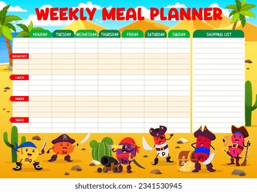 Weekly meal planner, cartoon vitamins and micronutrients pirate characters. Vector Mg, Se, Zn, P, Fe and I supplement capsule corsairs on treasure island. Schedule, organizer check list for dieting