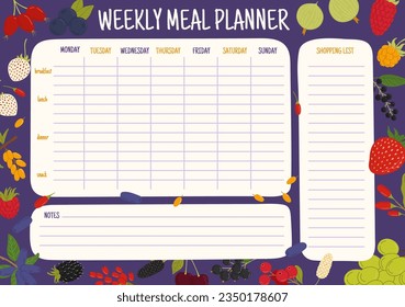 Planificador semanal de comidas. Bayas de bosque y jardín. Plan de alimentación vectorial para la semana. Menú de calendario para desayunos, almuerzos, cenas y aperitivos con una lista de compras. Plantilla de calendario diario