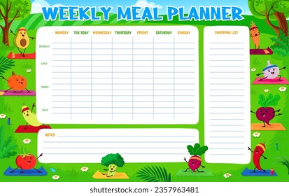 Weekly meal planner with funny vegetable characters on yoga. Vector food schedule, agenda calendar with cartoon avocado, pumpkin, squash, tomato and broccoli. Beetroot, radish, chili pepper or carrot