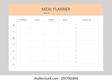 Weekly Meal Planner And Grocery List, Template, Vector