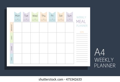 Weekly meal planner. Horizontal blank form. Format A4