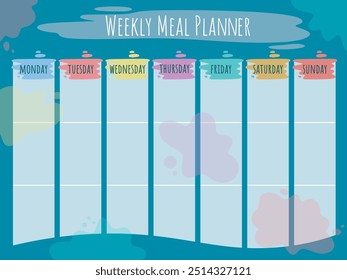 Weekly meal planner. Individual form for monitoring nutrition during diet or healthy lifestyle. Template weekly food calendar for printing, vector graphics