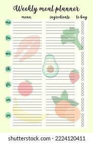 Weekly meal planner printable page. Vector template of daily cooking plan and shopping list. Illustration with food on background