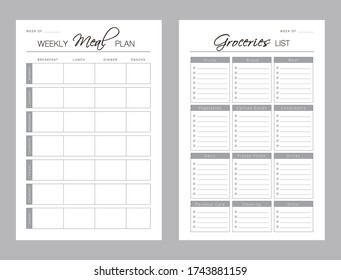 Weekly Meal Planner printable template Vector. Meal planning and groceries list. Easily plan out of your weekly meals for breakfast, lunch, dinner and snacks. Simple Clear Vector illustration design.
