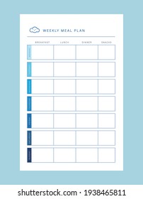 Weekly Meal Planner printable template Vector (Blue Cloud). Meal planning and groceries list. Easily plan out of your weekly meals for breakfast, lunch, dinner and snacks.