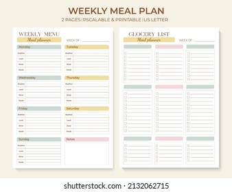 Weekly Meal Planner printable template. Meal planning and groceries list. Healthy meal plan for diet and food. Vector template.