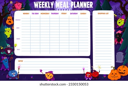 Weekly meal planner schedule with cartoon Halloween berry wizards at night cemetery. Vector food timetable with blueberry, cherry and gooseberry, blackberry, raspberry and grape fantasy wiz personages