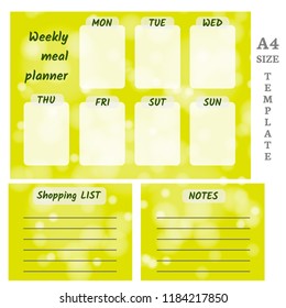 Weekly meal planner with shopping list and notes. A4 size template