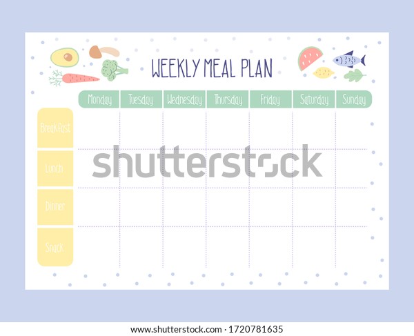 簡単な平らなイラストを使った週間ミールプランナー 議題 食事のヘルシープランナー その他の文房具用のテンプレート 分離型 ベクター画像 のベクター画像素材 ロイヤリティフリー