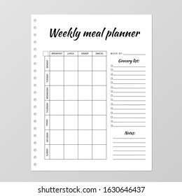 Weekly meal planner template. Blank white notebook page isolated on grey. Food Diary paper sheet. Stationery for planning menu and grocery. Realistic vector illustration.  Minimalist design.