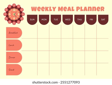 Weekly meal planner template with a decorative element in the form of a clock with grapefruit slices around the dial. Horizontal A4 format